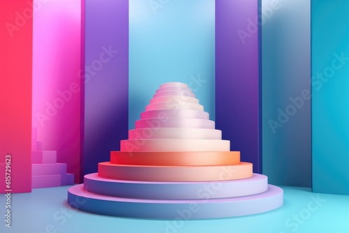 Colourful podium with lighting. Stand wall scene colourful podium background  geometric shape for product display presentation. Minimal scene for mockup products  stage showcase  promotion display.