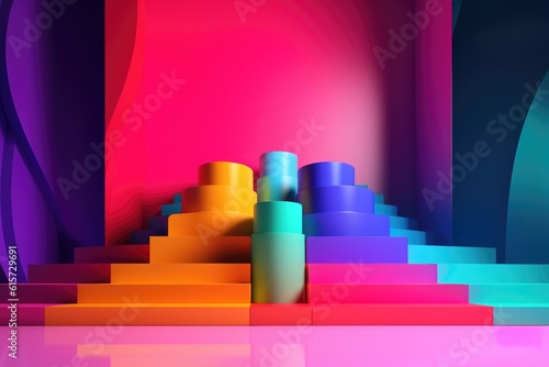 Colourful podium with lighting. Stand wall scene colourful podium background  geometric shape for product display presentation. Minimal scene for mockup products  stage showcase  promotion display.