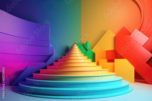 Colourful podium with lighting. Stand wall scene colourful podium background  geometric shape for product display presentation. Minimal scene for mockup products  stage showcase  promotion display.