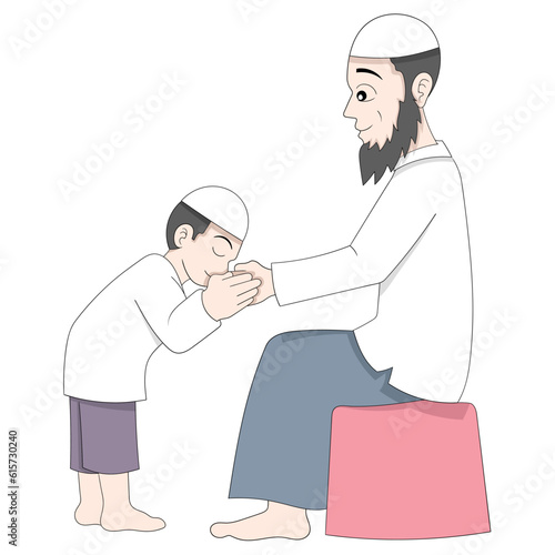 boy shaking hands with his father forgive each other in Islamic tradition