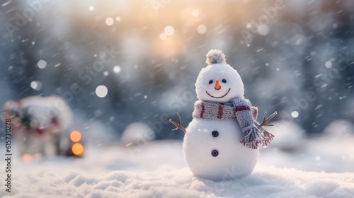 little snowman standing in the snow with blurred background Sale Banner Created With Generative AI Technology © george
