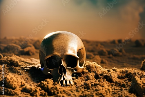 Human skull on sand for design template. Generative AI