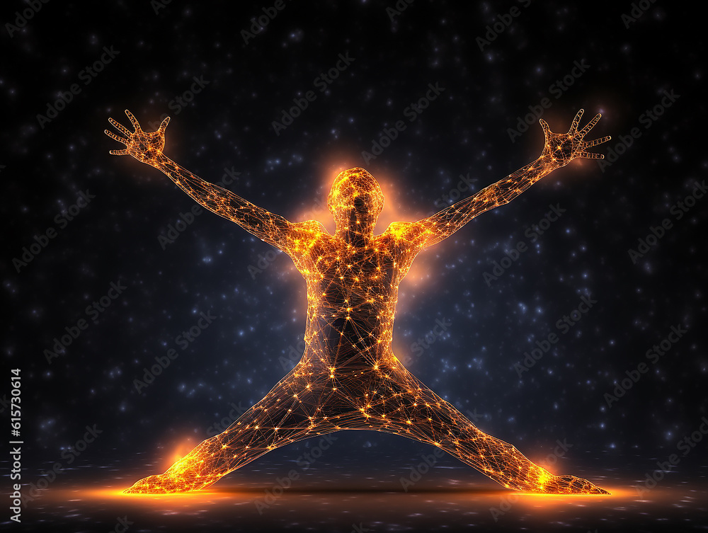 Φωτογραφία concetto di yoga, corpo rivestito di energia su sfondo scuro, fuoco , energia vi