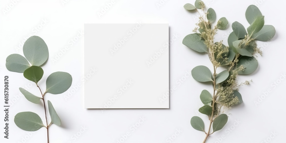 Minimalist Greeting Card Mockup with Delicate Dry Eucalyptus Leaves - Top View on a Clean White Background, Generative AI Minimalist Greeting Card Mockup with Delicate Dry Eucalyptus Leaves - Top View on a Clean White Background, Generative AI