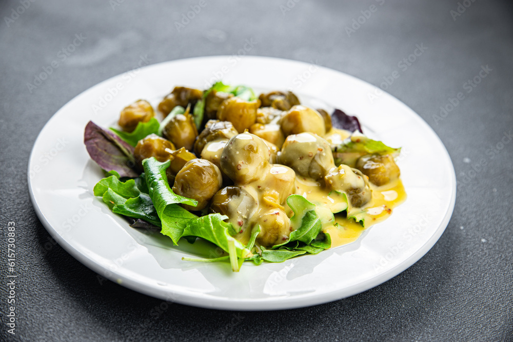 Brussels sprouts with mustard sauce vegetable food healthy meal food snack on the table copy space food background rustic top view keto or paleo diet veggie vegan or vegetarian food