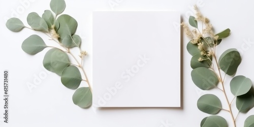 Minimalist Greeting Card Mockup with Delicate Dry Eucalyptus Leaves - Top View on a Clean White Background   Generative AI