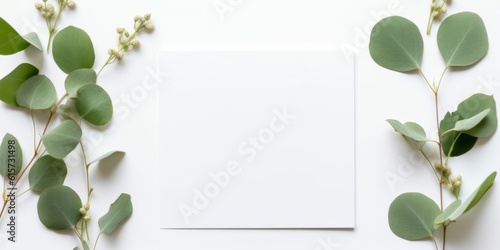 Minimalist Greeting Card Mockup with Delicate Dry Eucalyptus Leaves - Top View on a Clean White Background, Generative AI