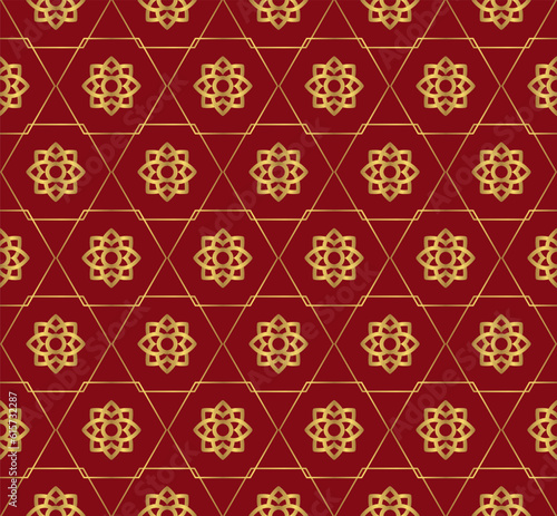 Arabic decorative pattern in red and gold color. Hexagonal geometric tile design.