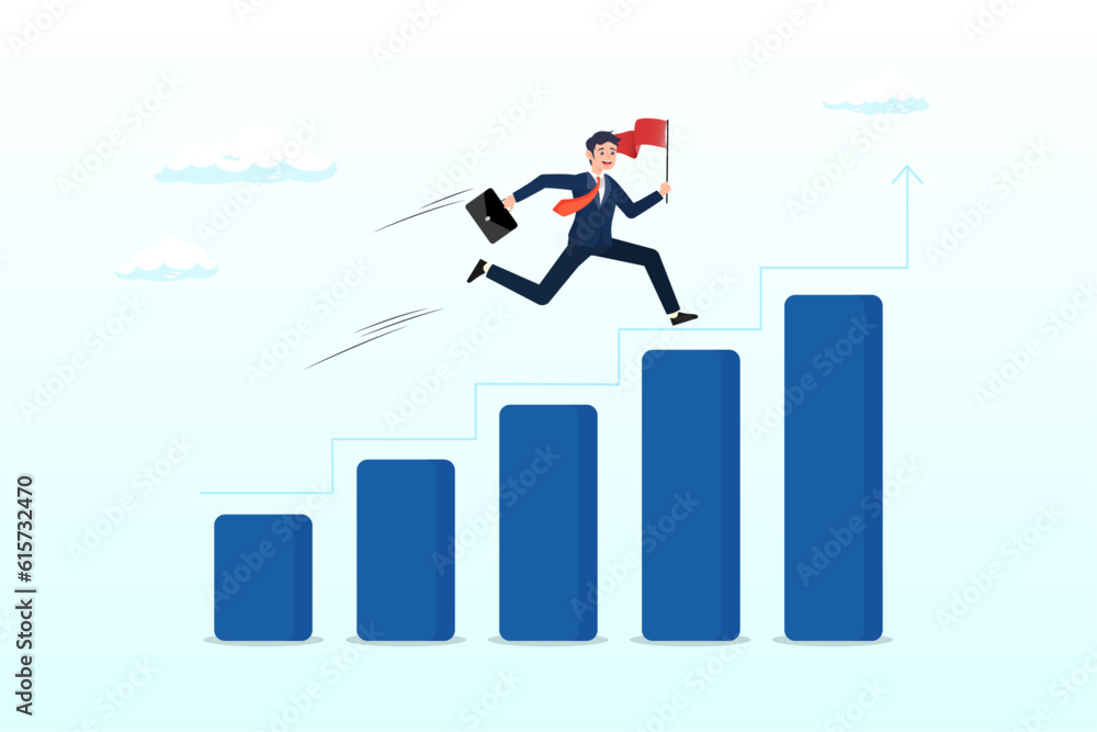 Businessman walk up growth chart and graph with stair to success, progress or improvement to success, step forward to grow business, journey to achieve goal, ambition or career path concept (Vector) Businessman walk up growth chart and graph with stair to success, progress or improvement to success, step forward to grow business, journey to achieve goal, ambition or career path concept (Vector)