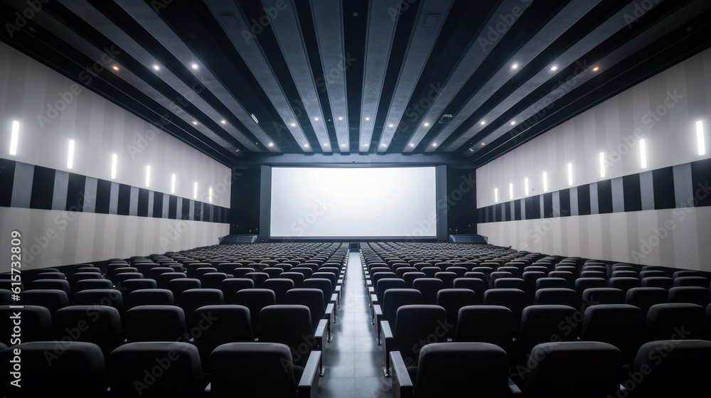 empty cinema hall with chairs and white screen, ai tools generated image