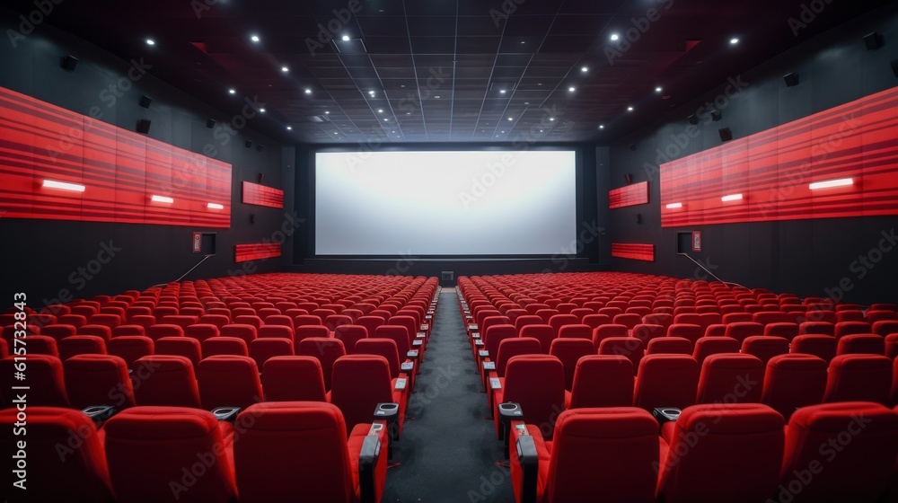 empty cinema hall with chairs and white screen, ai tools generated image