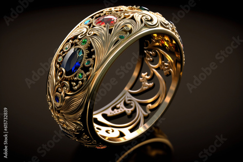 Gold ring with precious stones. Jewelry products. AI Generated
