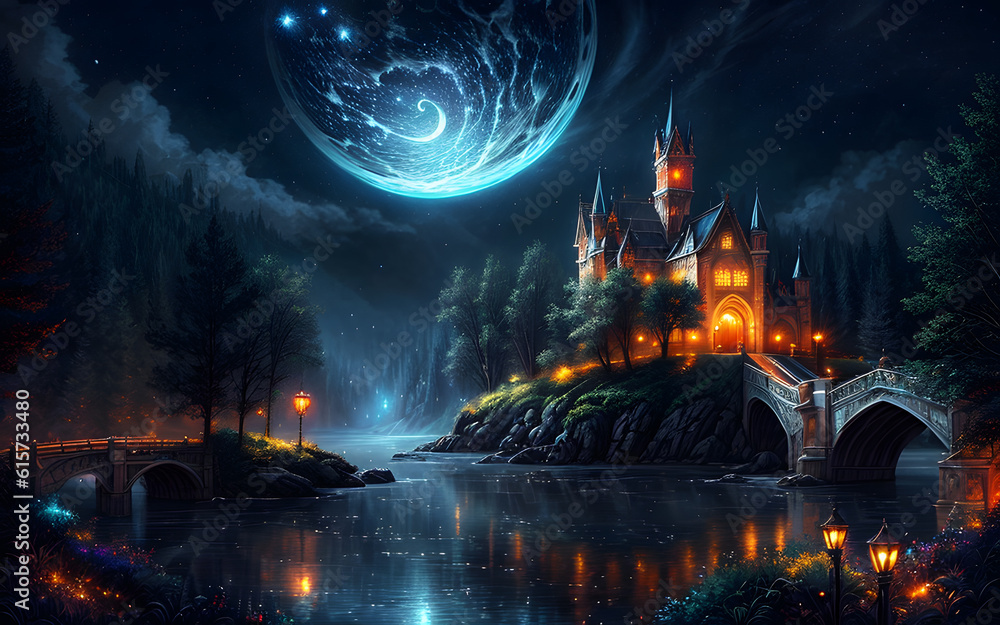 Naklejka premium Shining blue moonlight over scenic magical fantasy environment