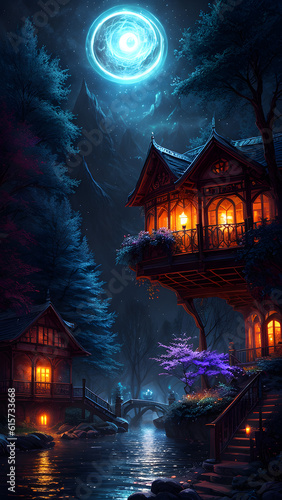 Shining blue moonlight over scenic magical fantasy environment