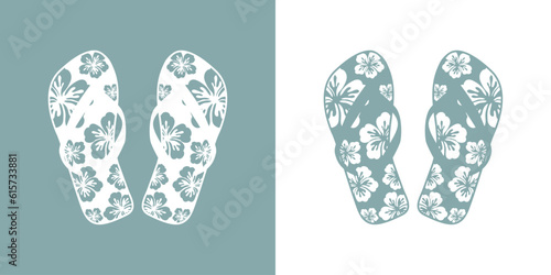 Vacaciones en Hawái. Logo flip flops. Icono calzado de playa. Silueta de flores de hibisco hawaiana en chanclas