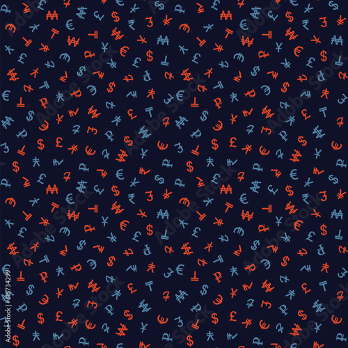 Various foreign currencies signs seamless pattern background. Various currency symbols.