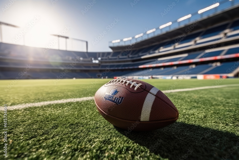 nfl, ball on ground with american football stadium, wide angle nfl, ball on ground with american football stadium, wide angle