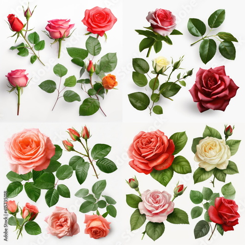 Set of rose with leaves on white background