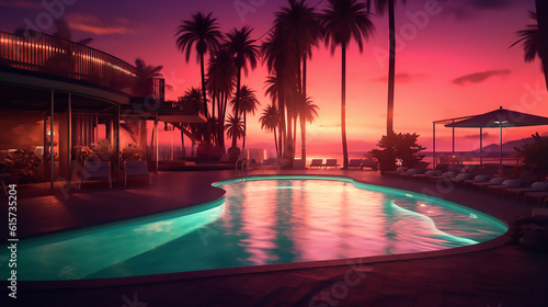 Palm trees on the beach at nighttime, in the style of light orange and light aquamarine, pop inspo, sunrays shine upon it, utilizes, nostalgic, dark magenta and amber,