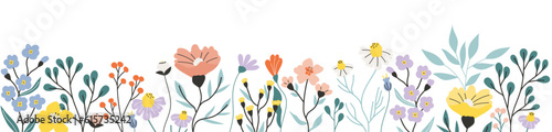 Summer flower banner. Hand-drawn garden and wildflowers. Flat botanical vector illustration on a white background. Beautiful spring flowers. Elegant horizontal pattern.
