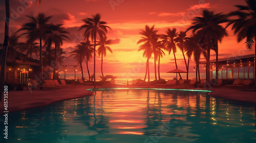 Palm trees on the beach at nighttime  in the style of light orange and light aquamarine  pop inspo  sunrays shine upon it  utilizes  nostalgic  dark magenta and amber 