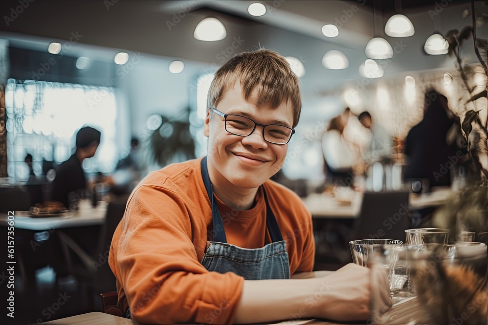 Boy with Down syndrome working on a cafeteria. AI generative