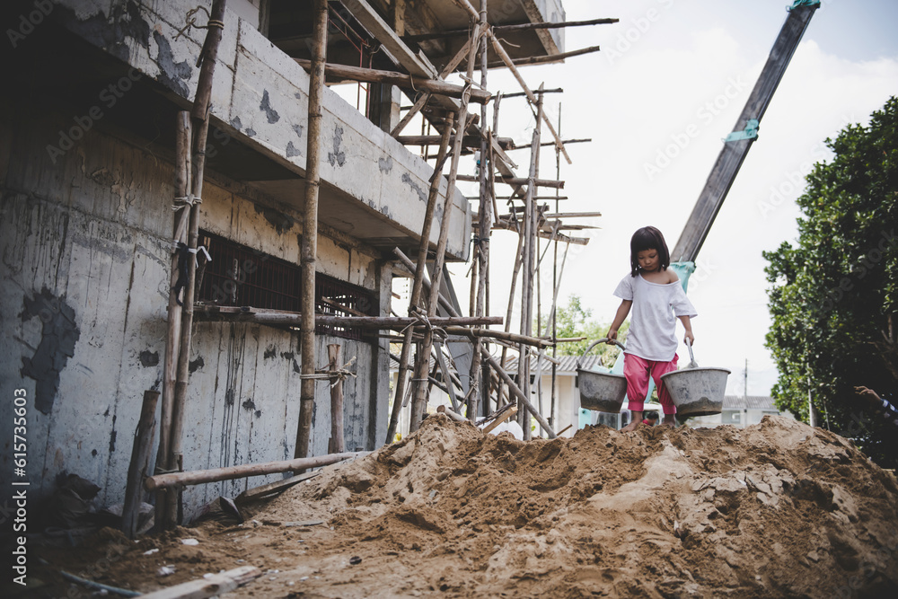 Children are forced to work in the construction area. Human rights concepts stop child abuse, violence, fear and child labor. Children are forced to work in the construction area. Human rights concepts stop child abuse, violence, fear and child labor.