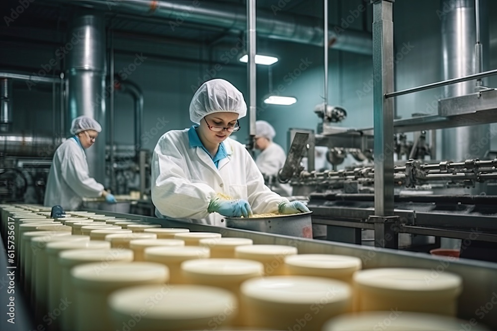 Woman with down syndrome working in a factory. AI generative Woman with down syndrome working in a factory. AI generative