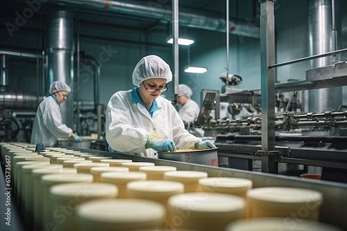 Woman with down syndrome working in a factory. AI generative
