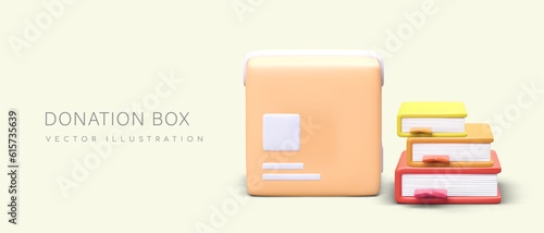 Donation box. Stack of realistic books, box. Sponsorship of educational programs. Things for affected, poor people. Concept of charity, helping other people