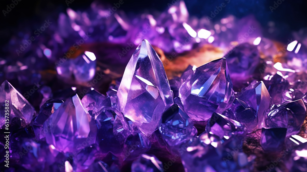 Amazing bright and shiny Amethyst crystal cluster background. Jewel mineral detailed macro. Generative AI Amazing bright and shiny Amethyst crystal cluster background. Jewel mineral detailed macro. Generative AI