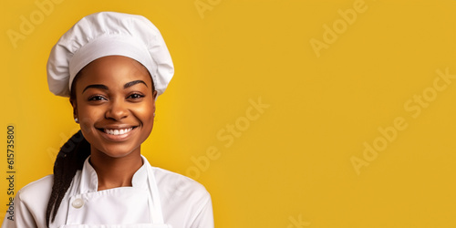Portrait of a smiling african american female chef isolated on solid yellow background. Banner, copy space 