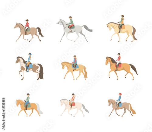 Set of vector illustrations, young riders on horses and ponies