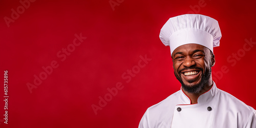 Portrait of a smiling african american male chef isolated on solid red background. Banner, copy space