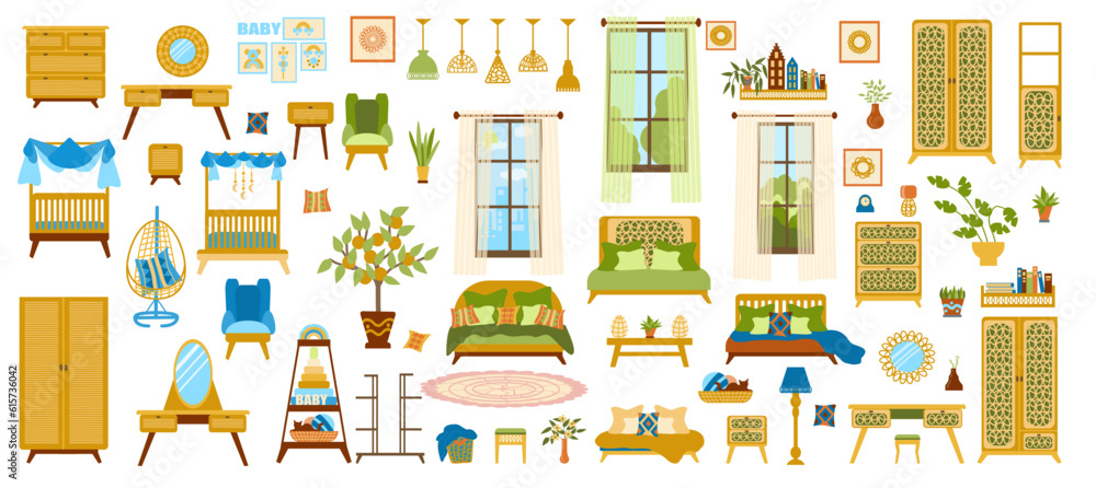 MobileLarge vector collection of furniture and decor elements for the living room, bedroom, children's room, and study in a stylized Art Deco and Art Nouveau style. Illustrations in flat hand-d style.
