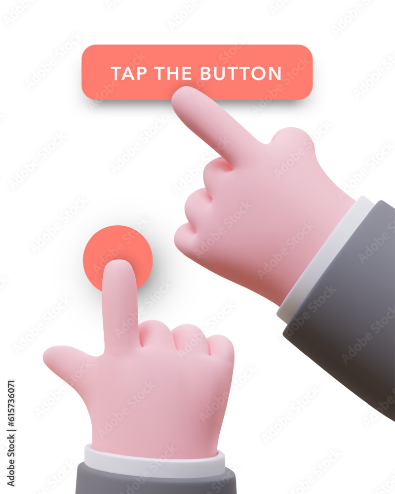 Vetor de Tap button. 3D hands touching buttons of different shapes. Program activation. Click
