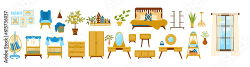 Set of cost eco-friendly furniture and decor elements for the bedroom, children's room, living room, and home office in boho style. The illustrations in flat hand-drawn style.