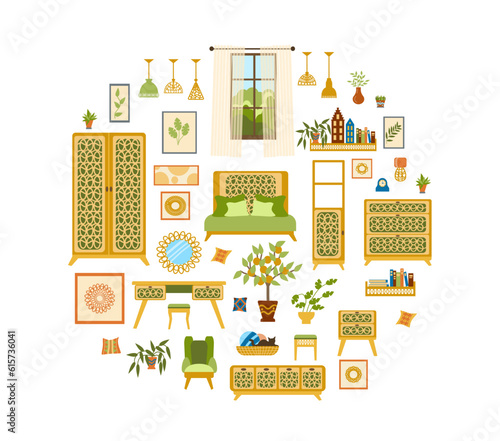 Set of furniture and decor elements for the living room, bedroom, and home office in a stylized Art Deco and modern style. The illustrations are made in a flat hand-drawn style.