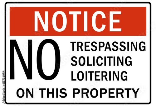 No soliciting warning sign and labels no trespassing, soliciting, loitering on this property