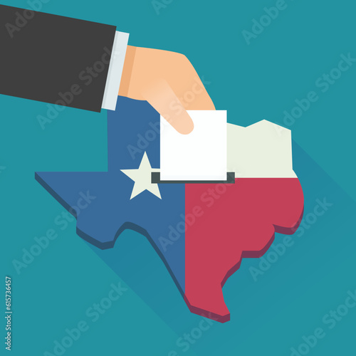 A hand drops a ballot in the 3D Texas map with the colors of the Texas state flag on a blue background in a flat design style