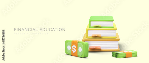 Investing in education. Tuition fees. Expensive college, university. Buying knowledge. Financial literacy. 3D books and banknotes in plasticine style. Vector concept