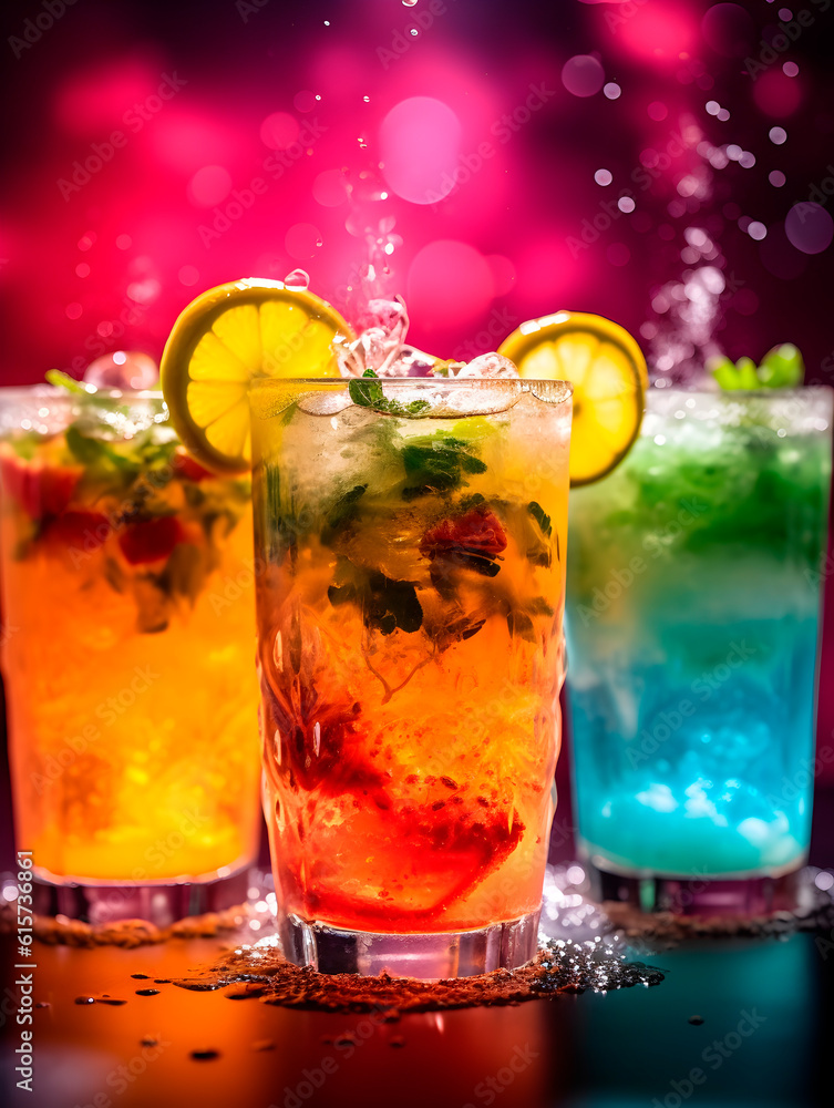 Professional close up photo of juicy delicious summer tropical cocktail with splashes, drops, beautiful fruits and berries decoration on a saturated colorful background Professional close up photo of juicy delicious summer tropical cocktail with splashes, drops, beautiful fruits and berries decoration on a saturated colorful background