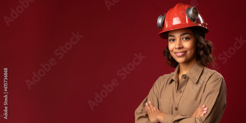  a smiling young men wearing engineer clothes in dark red background generative ai