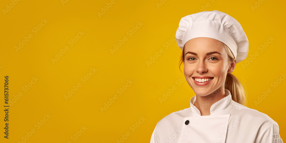 Portrait of a smiling blond female chef isolated on solid yellow background. Banner, copy space Portrait of a smiling blond female chef isolated on solid yellow background. Banner, copy space
