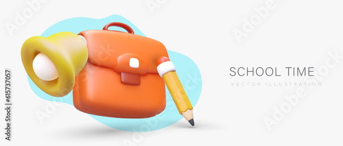 School time. Volumetric briefcase, pencil, bell in plasticine style. Horizontal poster, banner for advertising header. Concept for educational companies