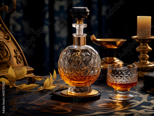 Beautiful crystal decanter with exquisite glasses on the table surrounded by a royal classic luxurious interior