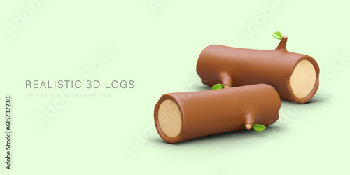 Poster with 3D logs. Sawn wide tree trunks with brown bark. Natural material for construction, furniture production. Advertising template for logging, sawmill, woodworking business