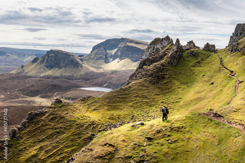 Beautiful panorama view of Quiraing with people, Scotland, Isle of Skye