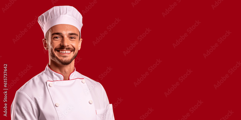 Portrait of a smiling brunette male chef isolated on solid red background. Banner, copy space Portrait of a smiling brunette male chef isolated on solid red background. Banner, copy space