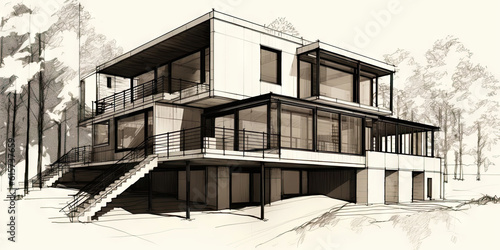 Detailed pencil sketch of modern suburban house. Abstract imaginary building concept. Generative AI